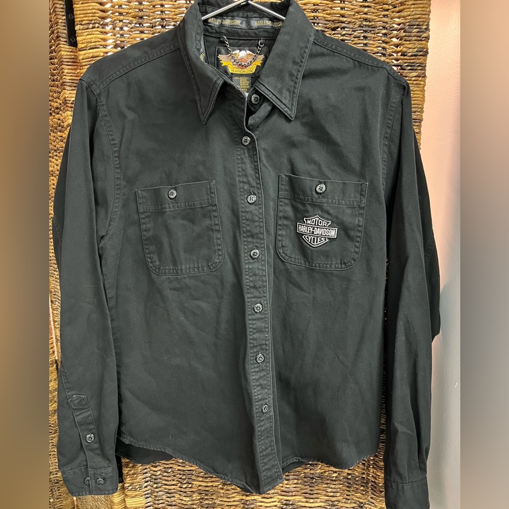 Harley-Davidson, Womens Button Up Collared Black Embroidered Shirt- Size Large